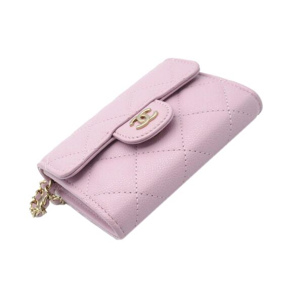 Pre Loved Chanel CC Quilted Caviar Flap Card Holder on Chain Women Pink - Picture 8 of 8